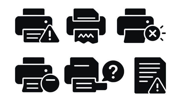 Solid style icons of printer troubleshooting: printer alert icon, print jam symbol, error light icon, blinking printer, help with print icon, question on printer badge, diagnostics print icon, issue