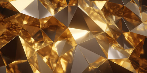 Abstract gold geometric texture, composed of multifaceted triangular shapes, creating a luxurious and shiny appearance suitable for premium branding or design projects