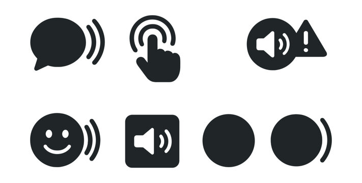 Solid style icons of sound feedback and response: reaction sound bubble, tap with sound waves, button with audio cue, volume alert icon, feedback tone icon, interface audio symbol, successful sound,