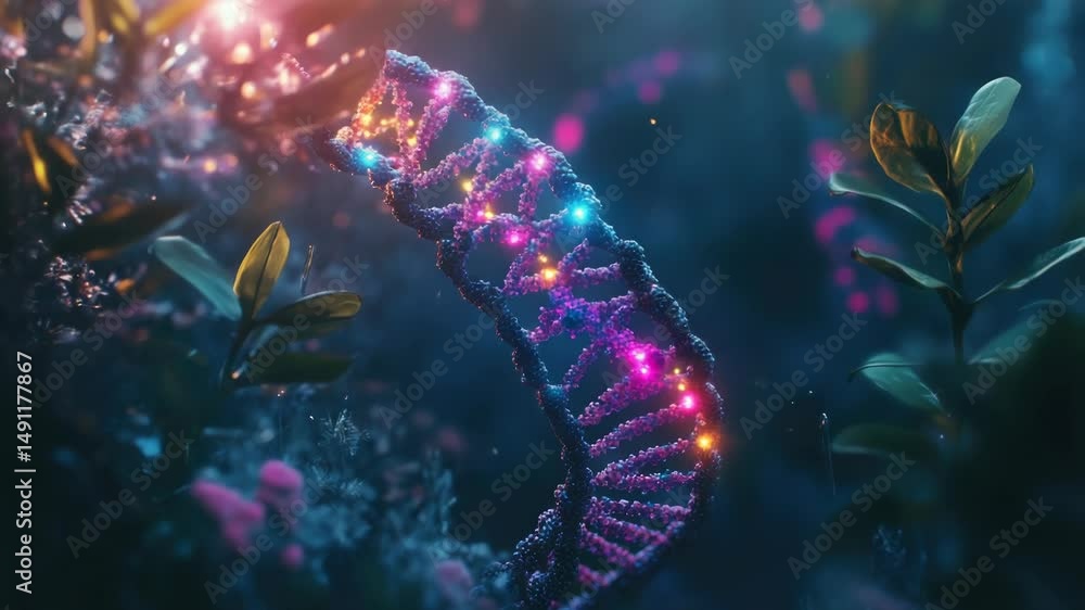 Poster close-up view of a strand of dna on the surface of a plant