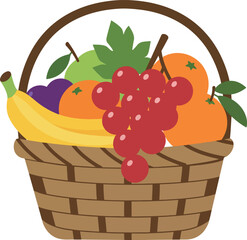 A wicker basket overflowing with a delightful assortment of fresh fruits including bananas oranges plums grapes and apples