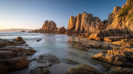 Rocky Coastline at Sunrise With Golden Light, Illustrating Nature's Beauty and Travel Destination Appeal, Perfect for Tourism Marketing : Generative AI
