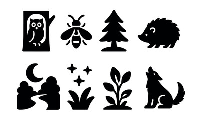 Obraz premium Solid style icons of night forest: owl in tree, glowing firefly, dark pine, nocturnal animal, moonlit path, stars above, night plants, forest howl.