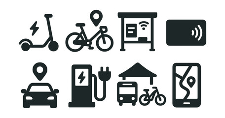 Solid style icons of mobility in smart cities: electric scooter, shared e-bike, smart bus stop, subway card, ride-hailing icon, EV charger, mobility hub, real-time traffic app.