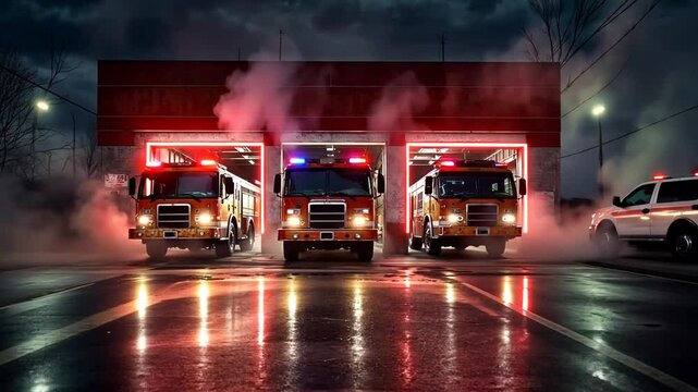 Dramatic Low Angle View of Fire Trucks at Fire Station with Glowing Lights and Smoke on Wet Pavement During Night
