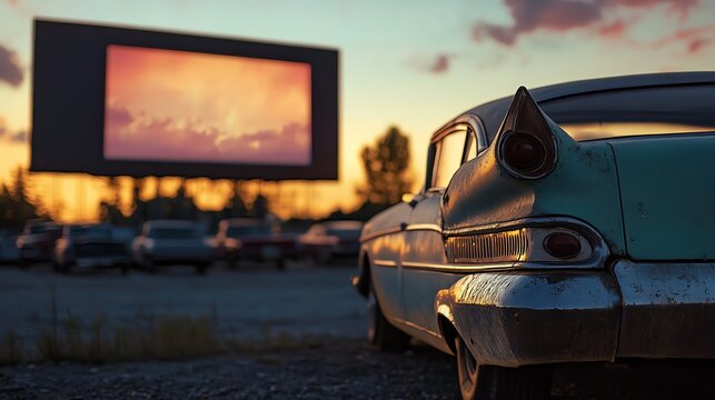 Fototapeta A classic, retro car is parked in front of a drive-in movie theater as dusk settles.