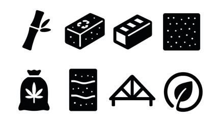 Solid style icons of sustainable materials: bamboo beam, recycled concrete block, natural clay brick, cork panel, hempcrete bag, rammed earth wall, timber truss, eco material icon.