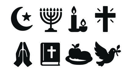 Solid style icons of religious holidays: crescent moon, menorah icon, candle lighting, cross and light, prayer hands, holy book, festival meal, celebration peace dove.