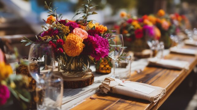 Elegant Floral Centerpieces on Rustic Wooden Table for a Wedding Reception, Representing Celebration and Memorable Event Planning : Generative AI