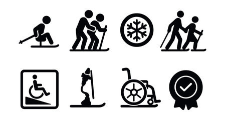 Solid style icons of adaptive winter sports: sit-ski icon, assist skier, inclusive gear, guiding partner, accessible slope sign, adapted equipment, snow wheelchair, inclusive badge.