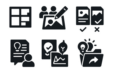 Solid style icons of creative team work: moodboard icon, collaborative sketch, shared creative brief, version compare, feedback round, visual draft, idea tag, export folder.