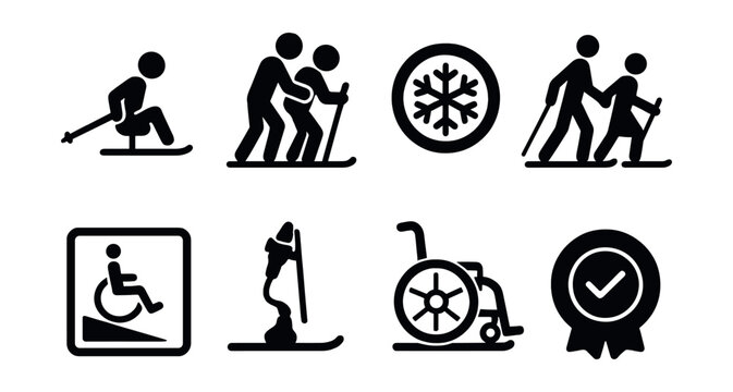 Solid style icons of adaptive winter sports: sit-ski icon, assist skier, inclusive gear, guiding partner, accessible slope sign, adapted equipment, snow wheelchair, inclusive badge.
