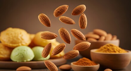 Close-up of Almonds with Shell Fragments on a Wooden Surface
