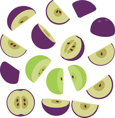 Collection of sliced apples and plums in a flat style illustration