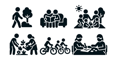 Solid style icons of quality time together: park walk, reading on couch, weekend outing, indoor picnic, gardening as a family, group bike ride, drawing together, board game icon.