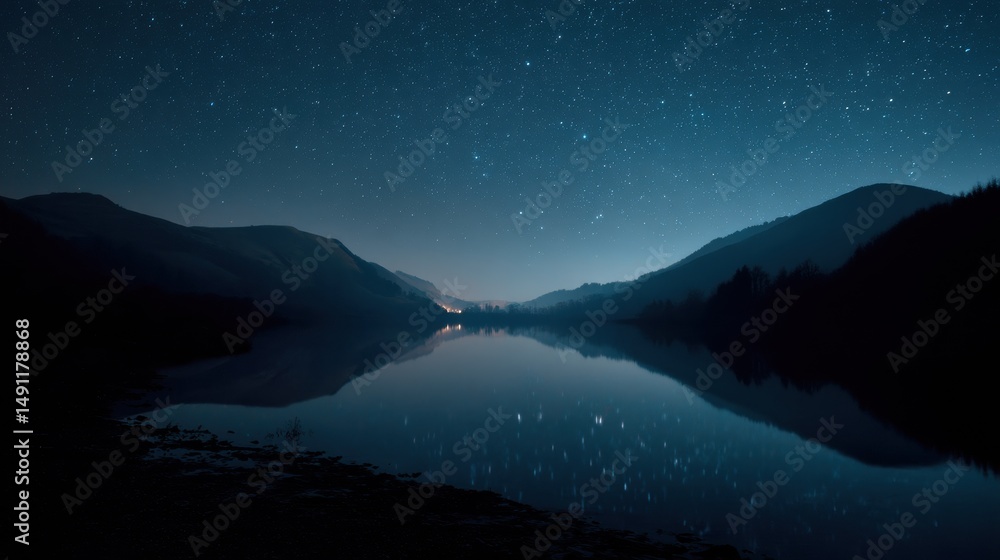 Poster starry night sky reflected in a calm lake surrounded by mountains, evoking tranquility and a sense o