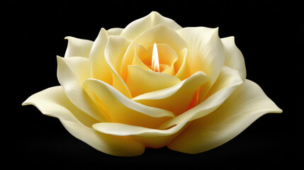 A captivating image showcases a luminous yellow rose candle, its delicate petals gently illuminated by a warm flicke flame against a stark black background.