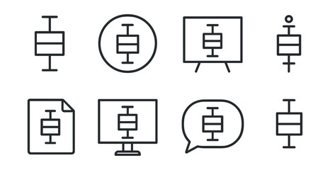 Line style icons of box plot diagrams: range analysis icon, data quartiles badge, spread chart tag, statistical file, distribution chart board, outlier data chart, box plot bubble, statistical data