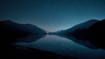 Naklejka premium Starry Night Sky Reflected in a Calm Lake Surrounded by Mountains, Evoking Tranquility and a Sense of Exploration and Adventure : Generative AI