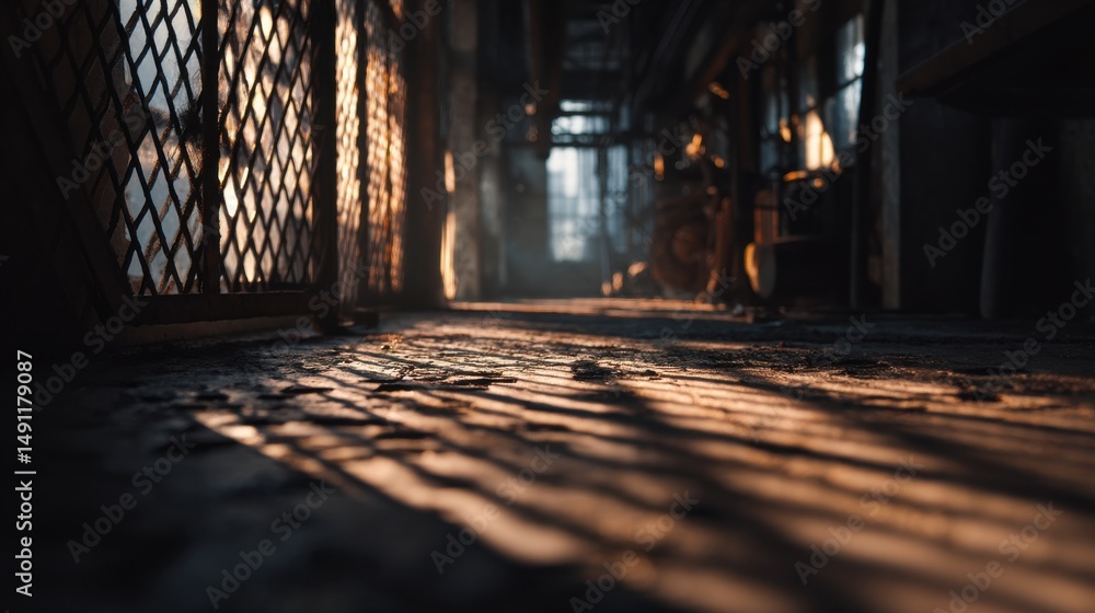 Poster sunlight streaming through grated window onto concrete floor, evoking industrial grit and urban deca