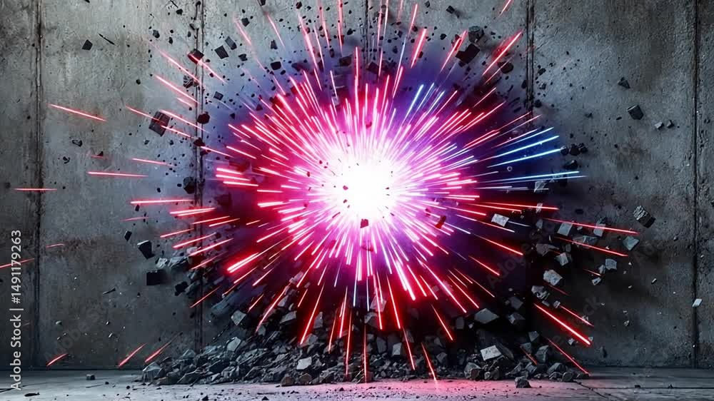 Poster intense red and blue light burst from concrete wall rupture creating dynamic explosion with scattere