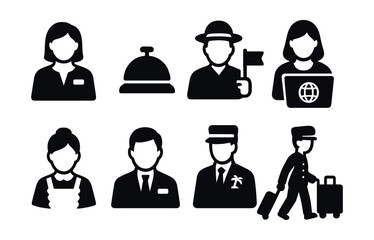 Solid style icons of hospitality and tourism jobs: hotel receptionist, concierge bell, tour guide icon, travel agent, housekeeper icon, resort manager, luggage porter, guest services badge.