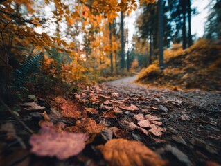 Autumn Leaves Covering Forest Path, Evoking Seasonal Change and a Sense of Tranquility for Wellness Retreats and Nature Tourism : Generative AI