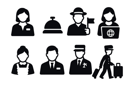 Solid style icons of hospitality and tourism jobs: hotel receptionist, concierge bell, tour guide icon, travel agent, housekeeper icon, resort manager, luggage porter, guest services badge.
