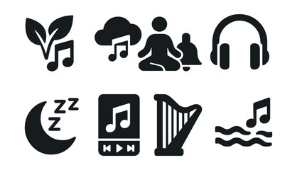 Solid style icons of relaxing music themes: nature sounds icon, ambient tones, meditation chime, soft headphones, music for sleep, peaceful playlist, harp strings, ocean rhythm.
