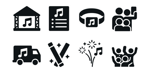 Solid style icons of music festivals and events: stage tent, lineup schedule, festival wristband, group selfie icon, music truck, glowsticks icon, fireworks + music, dance crowd.