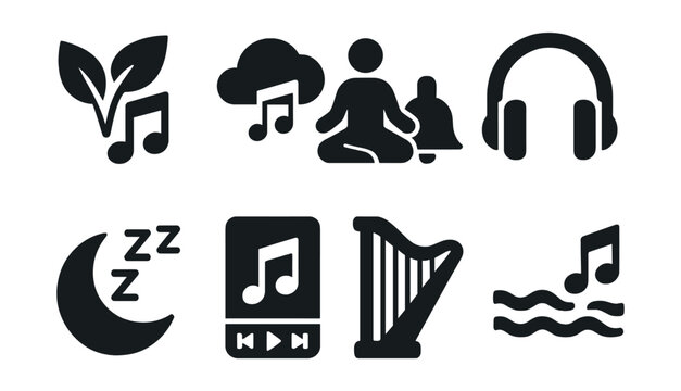 Solid style icons of relaxing music themes: nature sounds icon, ambient tones, meditation chime, soft headphones, music for sleep, peaceful playlist, harp strings, ocean rhythm.