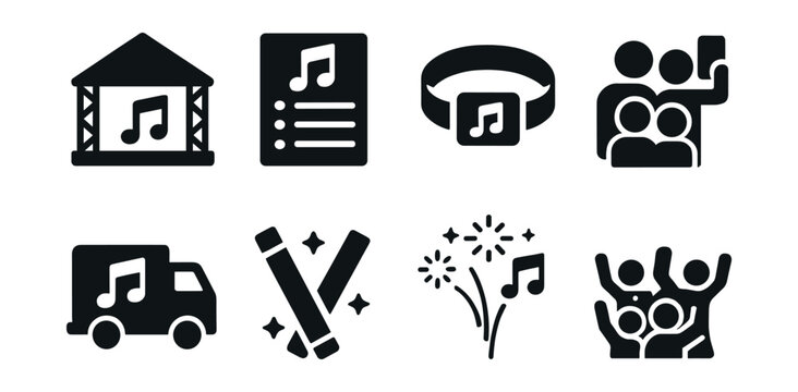 Solid style icons of music festivals and events: stage tent, lineup schedule, festival wristband, group selfie icon, music truck, glowsticks icon, fireworks + music, dance crowd.