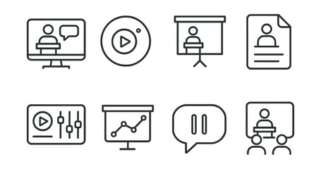 Line style icons of presentation hosting: online session icon, video stream badge, live presentation tag, webinar slide file, stream control board, live feed chart, session pause bubble, hosted