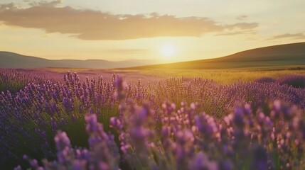 Obraz premium A vast, serene field of purple lavender stretches towards the horizon.