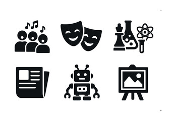 Solid style icons of extracurricular activities: school choir, drama mask, chess club, science fair, school newspaper, robotics team, photography club, art exhibit.