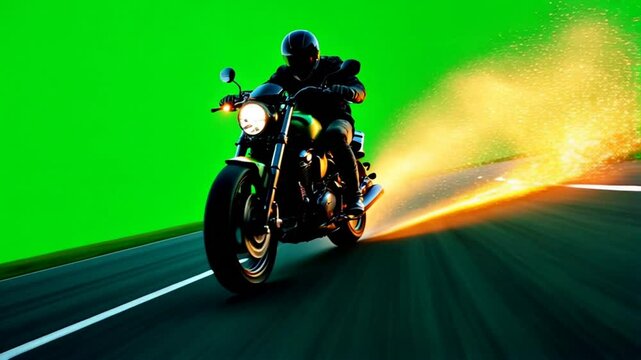 Motorcycle Riding on Road with Sparks Isolated by Green Screen In Eye Level Motion Shot
