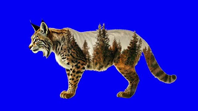 Lynx and forest double exposure element animation, transparent 4K video, green screen