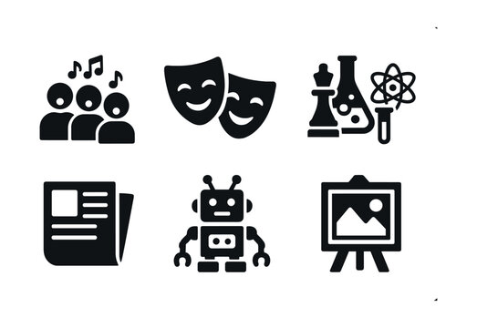 Solid style icons of extracurricular activities: school choir, drama mask, chess club, science fair, school newspaper, robotics team, photography club, art exhibit.