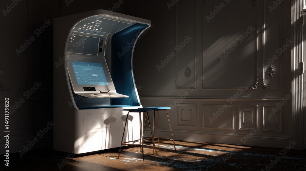 Aufkleber futuristic kiosk with touchscreen in ornate room, showcasing innovation and technology solutions for