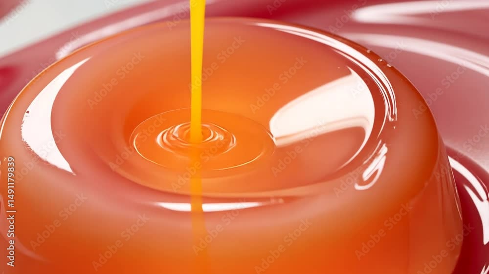 Poster pouring orange liquid creating ripples in glossy orange material translucent fluid dynamics and brig