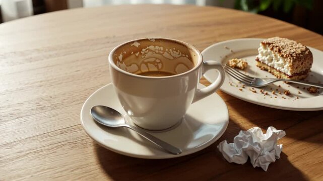 Empty coffee cup and dessert remnants on a caf&eacute; table with warm morning light