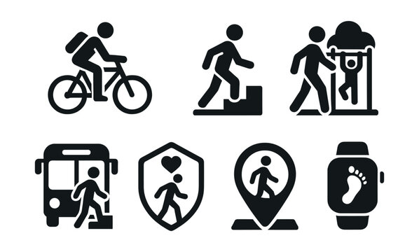 Solid style icons of urban active living: bike to work, stair climbing icon, walking commute, park workout, transit and steps, active lifestyle badge, walkability score, step count tracker.