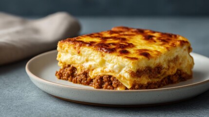 Slice of lasagna on a white plate. the lasagna is golden brown and has a layer of melted cheese on top. the cheese appears to be melted and bubbly, and there is a layer on top of the lasagna.