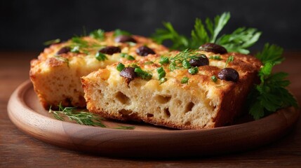 Two pieces of bread on a wooden plate. the bread appears to be freshly baked and has a golden brown crust. on top of the bread, there are small black olives and a sprig of fresh dill.