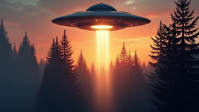 UFO hovering over a forest at sunset with light beam