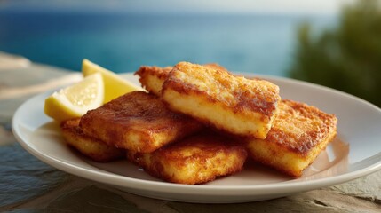 Plate of fried food on a wooden table with a view of the ocean in the background. the food appears to be a type of breaded fish fillet, with a golden brown color and a crispy texture.