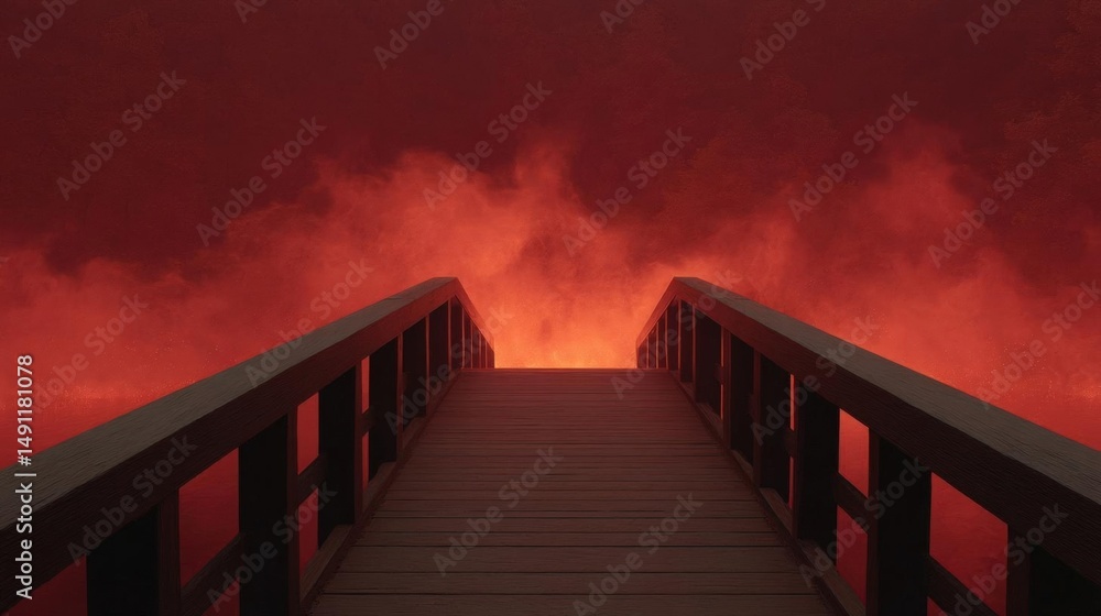 Poster wooden bridge with a wooden railing on either side. the bridge is in the center of the image and is 
