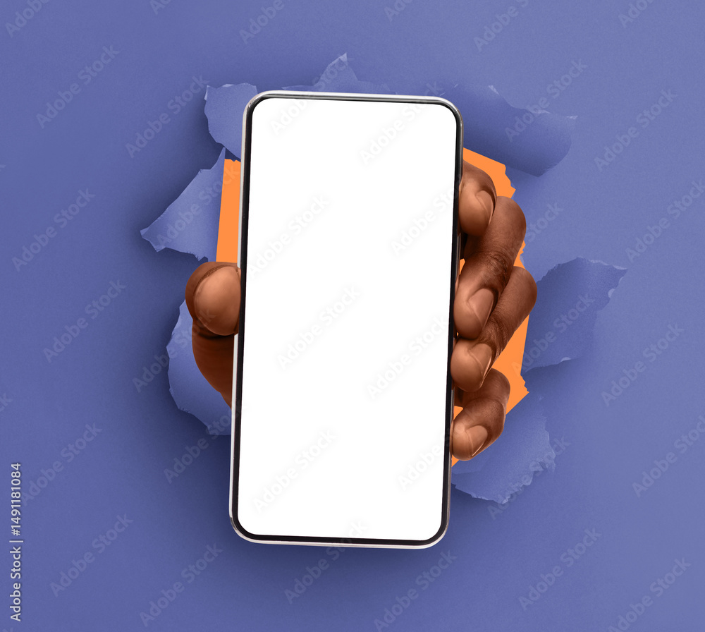 Aufkleber mobile app, great offer. closeup of black male hand holding smartphone with white empty screen showi