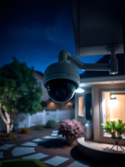 Night vision surveillance camera focused on home security system in a residential area, emphasizing technology, protection, and modern monitoring solutions