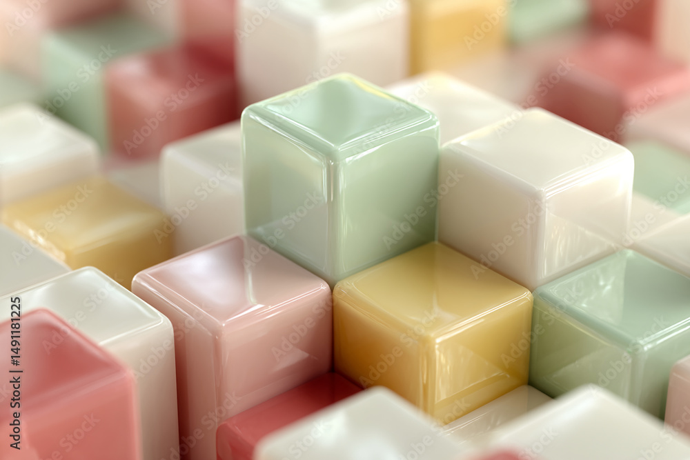 Poster Close-up of glossy pastel cubes forming a textured surface, showcasing a minimalist and modern aesthetic, ideal for clean and simple design concepts